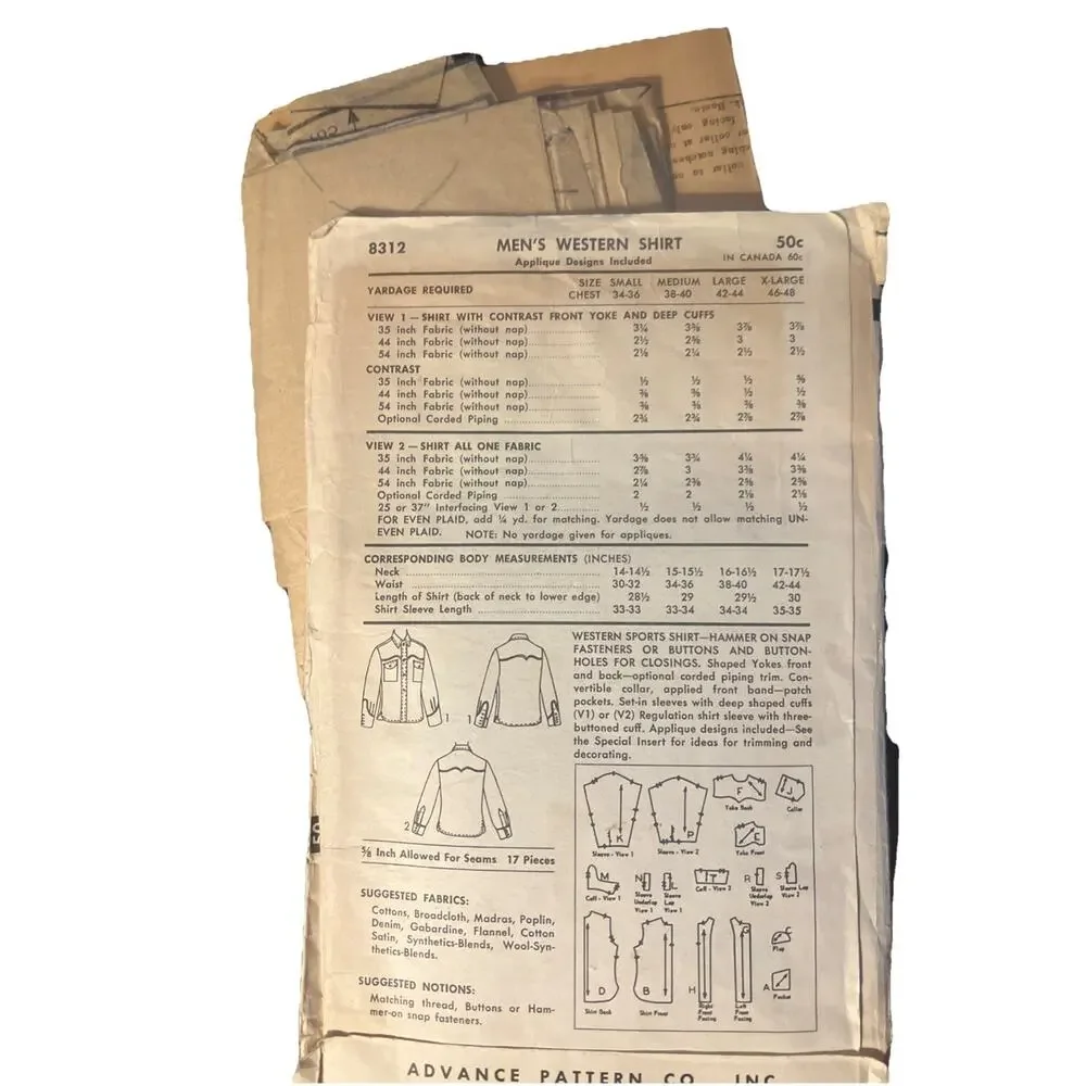 Vtg Advance 8312 Western Rockabilly Shirt Sewing Pattern & Transfer Small Uncut